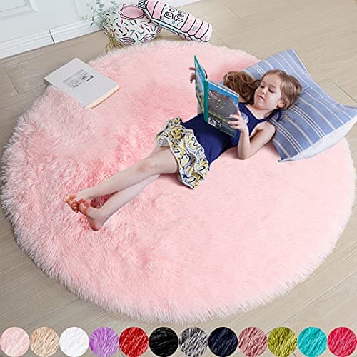 Amdrebio Pink Round Rug 4Ft for Girls Bedroom, Fluffy Circle Area Rugs for Kids Room Decor Aesthetic, Shag Fuzzy Carpet for Living Room, Nursery, Dorm, Classroom, Teen, Cute Baby Play Mat, Washable