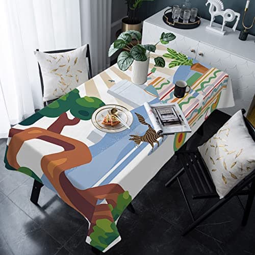 Rectangle Waterproof Table Clothes Abstract City Landscape Tableclothes Topper Cover Green Tree with Motorcycle and Cat Kitchen Dining Tablecloth for Indoor Outdoor Wedding Banquet Tables