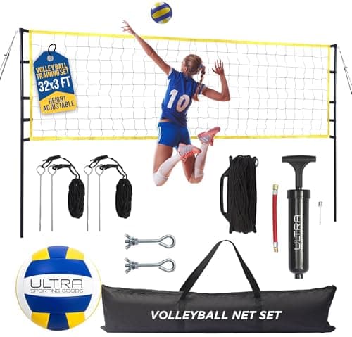 Ultra Sporting Goods Volleyball Net for Backyard, Includes 32x3 Ft Beach Volleyball Net with Poles, 8.5-Inch PU Volley Ball, Bag & Pump, Portable Net for Outdoor or Home Use, Complete Set