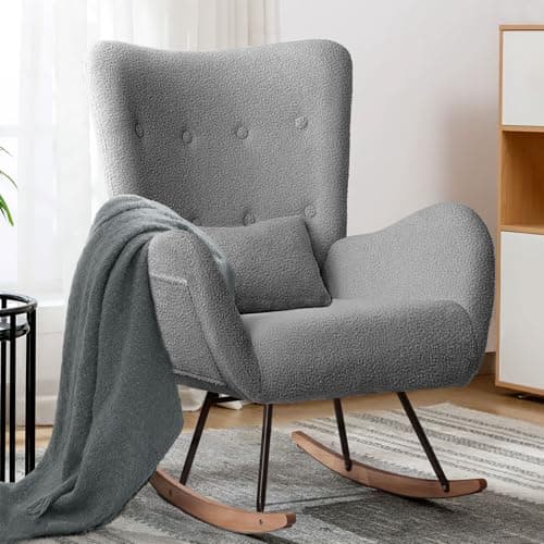 LEMBERI Rocking Chair Nursery, Teddy Upholstered Padded Seat Rocking Chair with Headrest, High Backrest Glider Accent Chair for Bedroom, Nursery, Living Room (Grey)