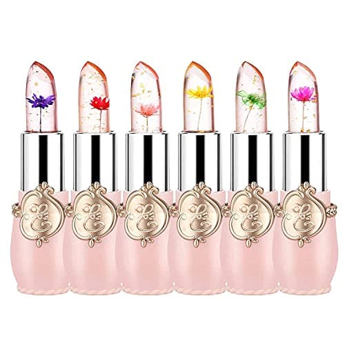 firstfly Pack of 6 Crystal Flower Jelly Lipstick, Long Lasting Nutritious Lip Balm Lips Moisturizer Magic Temperature Color Change Lip Gloss (Pink)