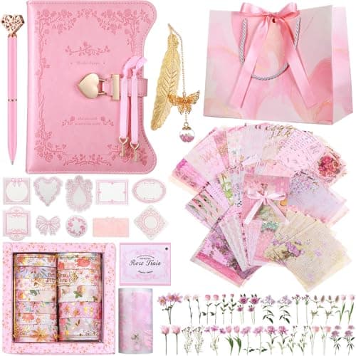 Janlaugh DIY Journal Diary with Lock Set Scrapbook Kit Stationary Diary Supplies Art Crafts Kit for Birthday Holidays Ideal Gifts for Women Teen Girls(Pink,Classic)