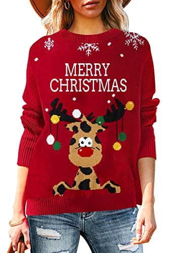 Pink Queen Women's Christmas Sweater Round Neck Long Sleeve Reindeer Letter Swowflake Ugly Knitted Jumper Top Red XL