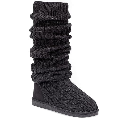 JustFab Women's Knee High Fashion Boots Knit Fuzzies Flat Boots Black Fall Boots for Women Brittany (Size 11)