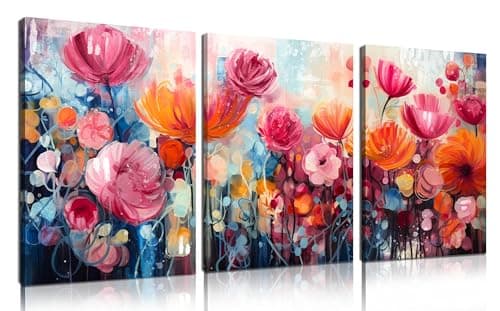 Flower Wall Art for Living Room, Pink Floral Wall-Decor for Bedroom, Modern Canvas Print, Size 12x16 Inches 3-Piece