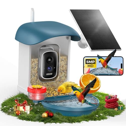 Bird Feeder with Camera 5MP Live Video, Solar Powered Smart AI Identify Birds Species, 2.4G WiFi Camera with Squirrel-Proof, 2-in-1 Bird Bath, Instant Arrival Alerts, Ideal Gifts for Birdlovers