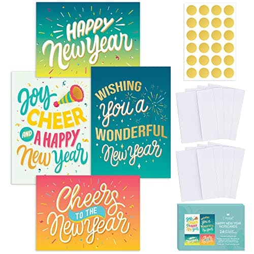 T MARIE 24 Happy New Year Cards Boxed Set With Envelopes and Gold Stickers - Assorted New Year Cards 2025 With Messages Inside - Bulk Winter Holiday Notecards and Envelope Seals