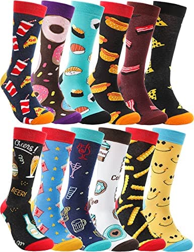 MOGGEI Funny Socks for Women Men Fun Cozy Crazy Cute Novelty Gifts for Father Men dad husband Breathable Cotton Boot Socks Stocking Stuffers（ Food A（12 Pairs）,L