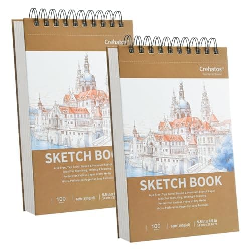 Crehatos 5.5" x 8.5" Sketch Book, Top Spiral Bound Sketch Pad, 100 Sheets Each 68lb/100gsm Drawing Paper, 2 Pack