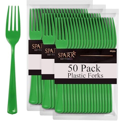 Green Plastic Forks Disposable 50 Pack, Heavy Duty Plastic Silverware, Plastic Cutlery Ideal for Hot and Cold Food, Plastic Utensils for Home Office School Party Picnics Weddings - SparkSettings