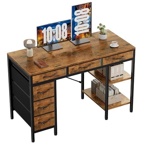 Sweetcrispy 47" Computer Desk with 6 Drawers, Home Office Gaming Desks with Storage Shelves for Bedroom, Writing Study Corner Living Room Work Table Rustic Brown