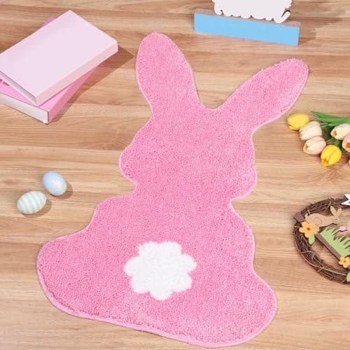 FYSUIMU Easter Bunny Bath Rug Cute Pink Rabbit Shaped Tuft Bath Mat Non Slip Washable Decorative Floor Mat for Spring Birthday Baby Shower Home Bathroom Decor