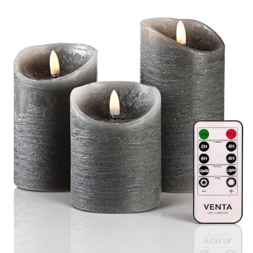 VENTA Grey Flameless Pillar Candles, Set of 3 | Real Wax Battery Operated LED Candles with Remote & Timer | Perfect for Modern Farmhouse, Industrial & Minimalist Decor