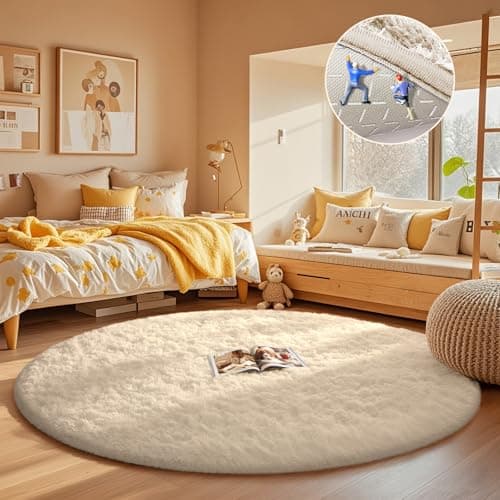 Ophanie Round Rugs 5Ft Ivory Circle Area Rug, Nursery Room Decor, Christmas Aesthetic Bedroom Home Circular Carpet 5 Foot, Fluffy Fuzzy Shag Plush Cream Living Room Rugs for Kids Boys Girls Teen Baby