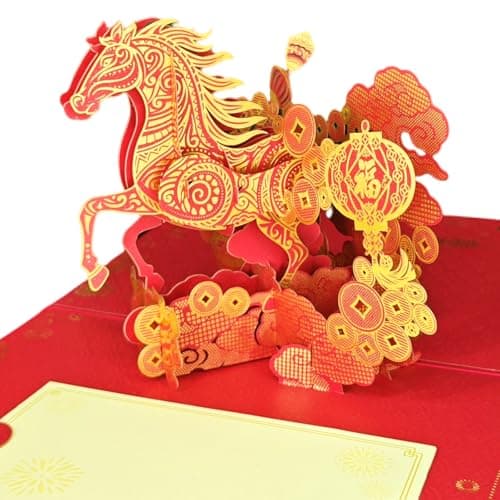 WALENGIF Happy Chinese New Year Cards 2026 - Year of The Horse 3D Pop Up Card Chinese New Year Gifts Cards Lunar New Year Greeting Cards with Envelope Spring Festival Party Favors Supplies