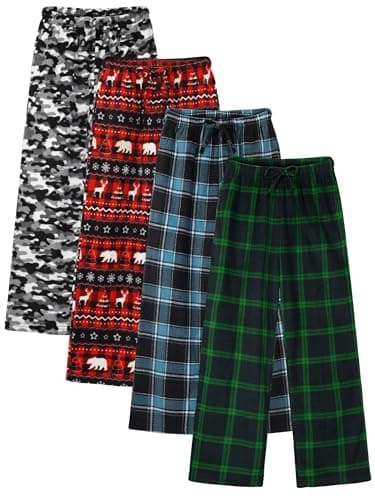 Motarto 4 Pack Boys Soft Pants Micro Fleece Kids Christmas Plaid Pants Elastic Waistband with Pockets Drawstring
