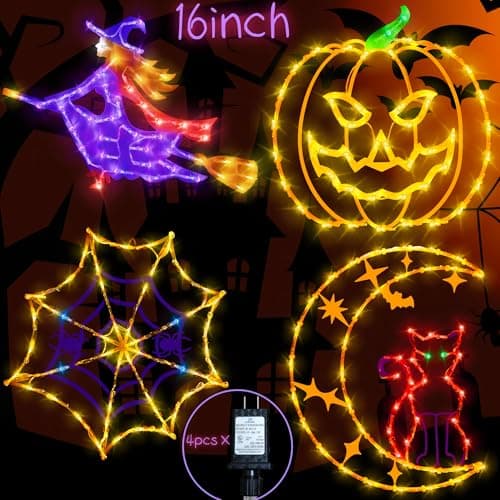 TRWYMZ Halloween Window Lights - 16" Halloween Window Silhouette Holiday - 4 Pack Colour Lighted Cat on Moon & Spider Web & Pumpkin & Witch for Holiday Indoor and Outdoor Wall Door Window Decorate