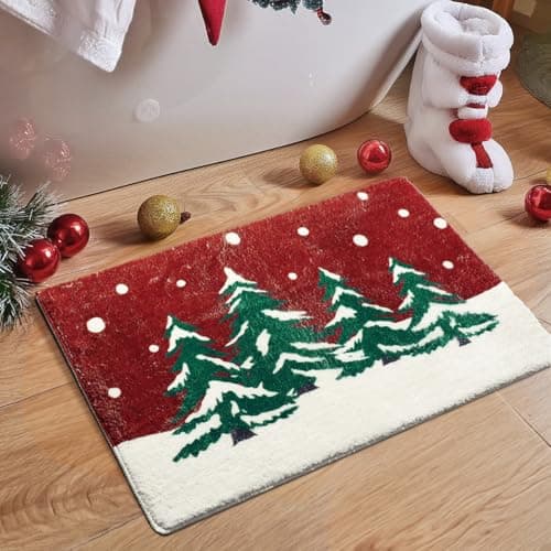 MelonBoat Christmas Bathroom Rugs: Non-Slip Christmas Tree Door Mat, Extra Soft Red Christmas Bathroom Rugs, Absorbent Washable Christmas Decor Bath Mat 20x31 Inch