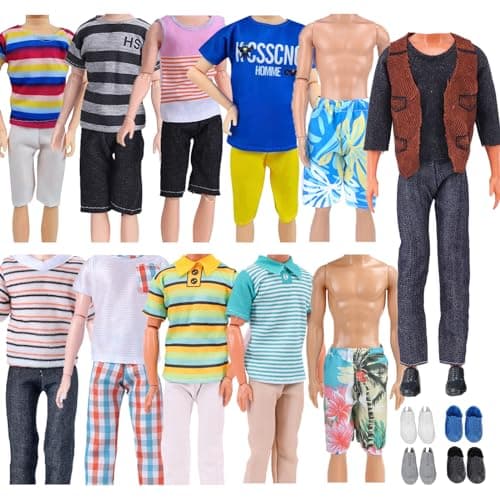 18 PCS Doll Clothes for Ken Doll Including Handmade 6 Tops 6 Pants Casual Wear 2 Beach Pants 4 Pair of Shoes for 11.5 Inch Boy Doll Outfits for Boyfriend Doll