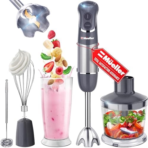 Mueller Multistick 800W 4-in-1 Immersion Blender Handheld, 12 Speed Hand Mixer - Turbo Boost, Heaviest Duty Copper Motor, Titanium Blades Hand Blender, Milk Frother Wand, Whisk, Beaker, Chopper