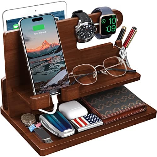 Wood Phone Docking Station - Nightstand Charging Organizer and Cell Phone Stand - Bedside Gift for Men