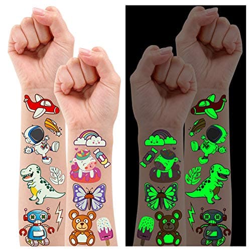 Partywind 380 Styles (30 Sheets) Luminous Tattoos for Kids, Mixed Styles Temporary Tattoos Stickers with Mermaid/Dinosaur/Space/Pirate for Boys and Girls, Glow Party Supplies