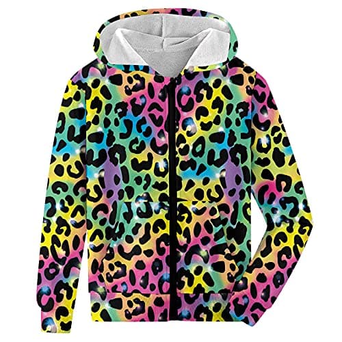 Fanient Girls Full Zip Sweatshirt Leopard Hoodies Long Sleeve Hooded Hoody with Pockets Size 10-12