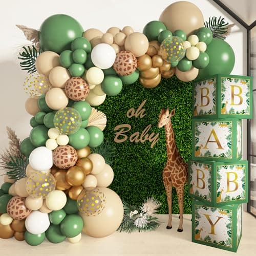 Baby Boxes Safari Jungle Baby Shower Decorations for Boy Girl, Safari Balloons Garland Arch Kit with 4Pcs Sage Green Animal Baby Boxes Nude Giraffe Print Balloons for Wild One Birthday Party Supplies