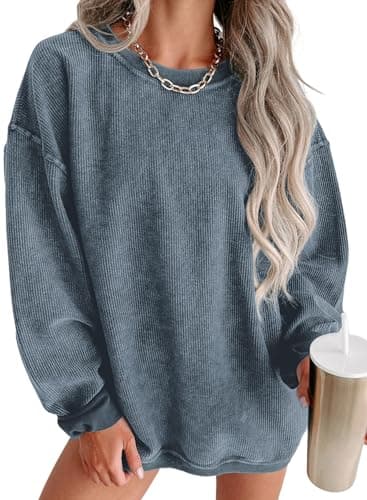 SHEWIN Sweatshirt for Women Casual Winter Crewneck Oversized Corduroy Sweatshirts Pullover 2024 Long Sleeve Comfy Clothes Blue Medium