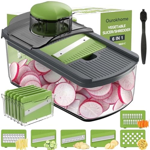 Ourokhome Mandolin Vegetable Slicer, Multifunctional Veggie Slicer Shredder with Container, Wave Cutter for Potato, Carrot, Zucchini, Onion, Essential Kitchen Gadgets (6 in 1, Gray)