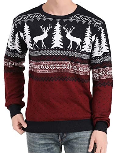 v28 Men's Christmas Reindeer Snowman Penguin Santa and Snowflake Sweater (XXX-Large, Deer&Tree-View-red)