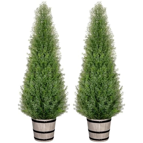 VIVATREES 4FT Artificial Cedar Topiary Trees with Rustic Barrel Planter, Outdoor Indoor Realistic Faux Pine Shrubs Plants, Fake Cypress Trees for Home Offices Porch Decor, Set of 2