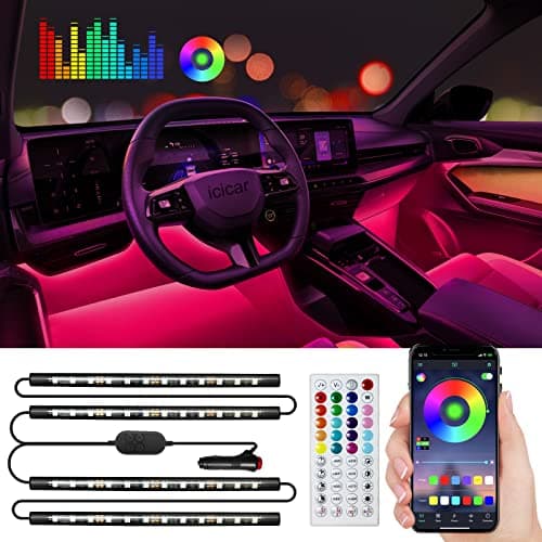 Interior Car LED Lights, icicar 4PCS App Control Car LED Lights, Waterproof Multicolor Music Sync Under Dash LED Lights for Car Interior, DC 12V