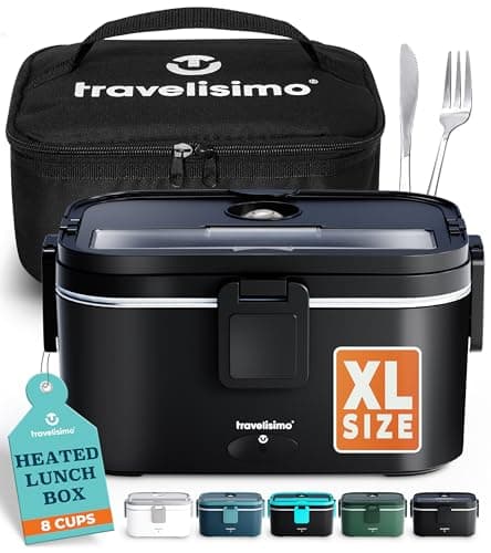 TRAVELISIMO Extra-Large Electric Lunch Box For Adults Holds up to 8 Cups - 80W Heated Lunch Box 1.8L Electric Food Warmers for Travel & Work, Portable Food Warmer - Loncheras Para Hombres De Trabajo