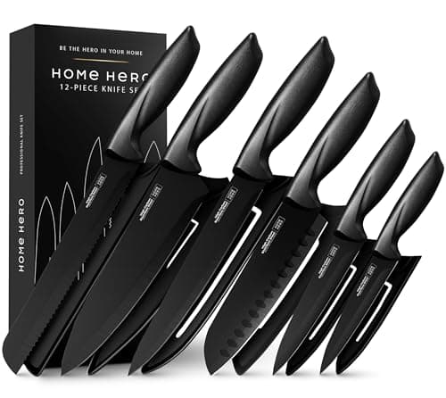 Home Hero High Carbon Stainless Steel Knife Set - Chef Knife Set Precision Slicing & Versatility - Nonstick Ceramic Coated Blades & Easy Cleaning - Ergonomic Handles & Secure Grip - 12-Piece, Black