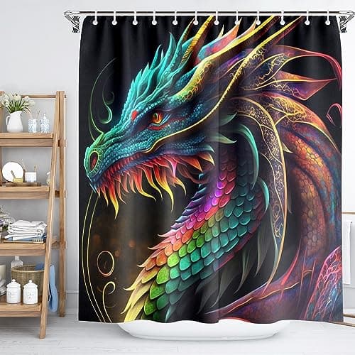Reateforin Dragon Bathroom Curtain, 72*72 Inch, Waterproof, Blackout, Polyester, Grommet Top, Summer Shower Curtains Rainbow, Medieval Magic Fantasy Creative