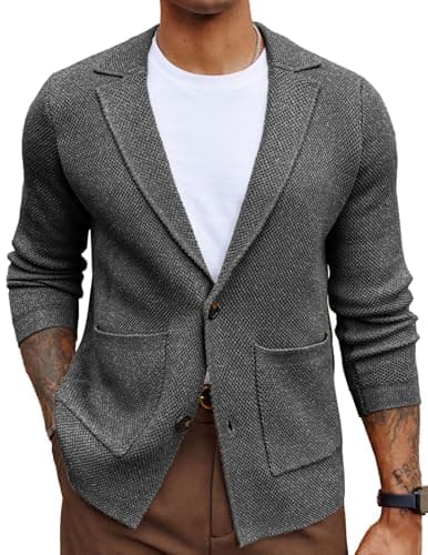 PJ PAUL JONES Men Notch Collar Sweater Casual Long Sleeve Button Down Cardigan Sweaters with Pockets Dark Grey XXL