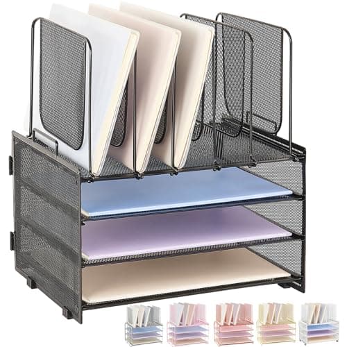 LEKETREE Desk Organizers and Accessories, 3-Tier Paper Organizer with 5 Vertical File Holders, File Organizer for Desk, Desk Accessories & Workspace Organizers (Black, 3T)