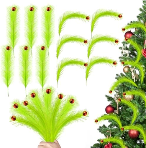 Christmas Tree Decorations Ornaments, 12PCS Lime Green Christmas Tree Picks with Red Ball, Xmas Artificial Green Stems for Home Wreath Craft Decoration Supplies