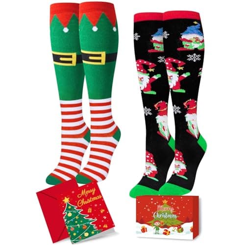 HAPPYPOP Christmas Gifts Stocking Socks for Women - Christmas Knee High Santa Gnome Socks Secret Santa Xmas Stocking with Greeting Card for Teen Girls