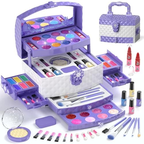 PERRYHOME Kids Makeup Set for Girl 56 Pcs Washable Real Cosmetic, Non-Toxic Frozen Toys Toddler Makeup Kit, Frozen Princess Dress up Game Christmas & Birthday Girl Gift for 3-12(Frozen Purple)