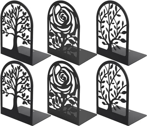 MaxGear Decorative Book Ends, Heavy Duty Bookends for Shelves, Metal Bookends for Heavy Books, Office Bookends Shelf Holder Black 3pair, Books Supports, Non-Skid Book Stoppers 6.89x4.89x3.54 inch