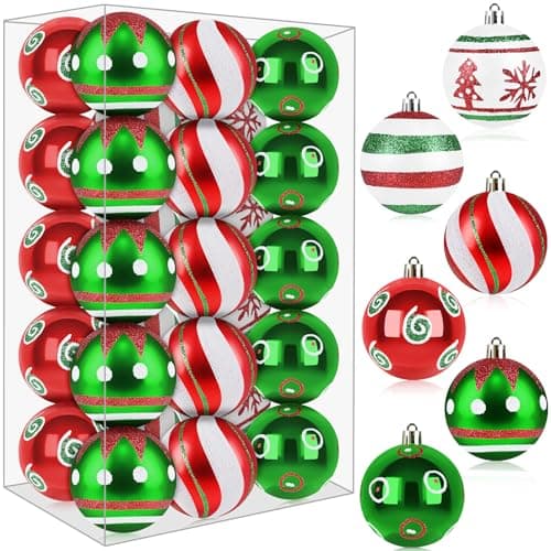 Christmas Tree Ball Ornaments, 30 Pcs 2.36 Inch Decorative Hanging Ball Bulk, Plastic Shatterproof Grinch Ornaments for Christmas Tree, Glittering Red Green White Christmas Ornaments for Xmas Tree