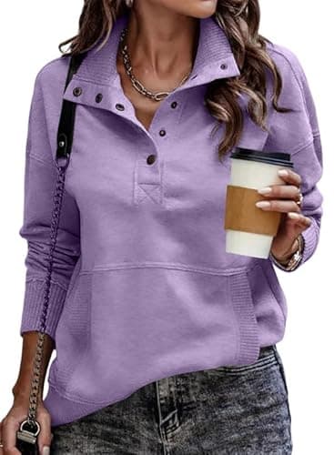 SHEWIN Womens Sweatshirt Casual Long Sleeve Lightweight Sweatshirts Loose Button V Neck Pullover Tops Fall Clothes for Women 2025,US 8-10(M),Purple