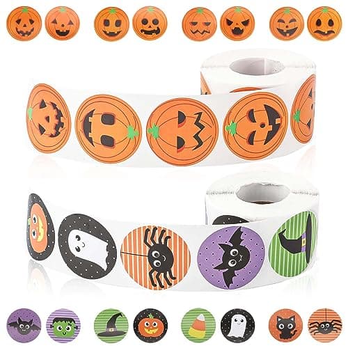 2 Rolls 1000pcs Halloween Stickers, Halloween Stickers Roll Halloween Round Stickers Pumpkin Ghost Decals Spiders Bat Cat Stickers Round Seal Label Stickers for Party Decorations