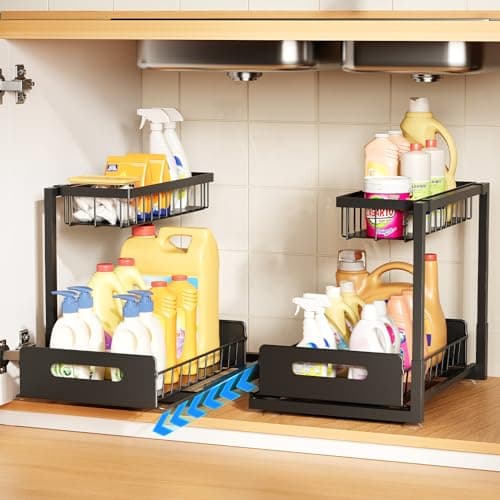 Under Sink Organizer 2 Pack,Metal Pull Out Cabinet Organizer Shelf,Kitchen Bathroom Organizers and Storage with Sliding Drawer,Storage Shelves,Storage and organization for Home,Laundry,RV,Pantry,Spice