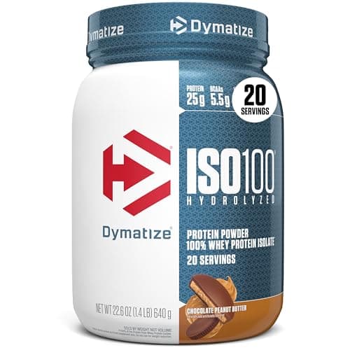 Dymatize ISO100 Whey Protein Powder Isolate, Chocolate Peanut Butter, 25g of Protein, 20 Servings, 5.5g BCAAs, Less Than 120 Cal., Gluten Free, 1g Fat, 1g Sugar, 2g Carb