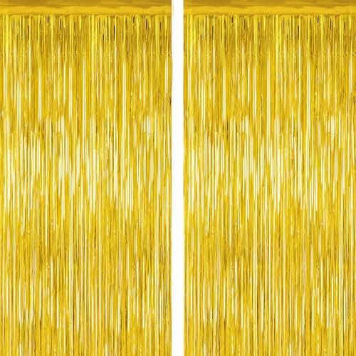 2 Pack Gold Tinsel Backdrop, 3.28 FT x 7.05 FT Metallic Fringe Curtain, Gold Color Graduation Backdrop Party Streamers, Party Supplies Door Decorations for Birthday Anniversaries