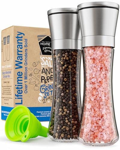 Home EC Premium Stainless Steel Sea Salt and Pepper Grinder Set of 2 - Adjustable Ceramic - Tall Glass Salt and Pepper Shakers - Kitchen Pepper Mill & Salt Mill W/Funnel & EBook