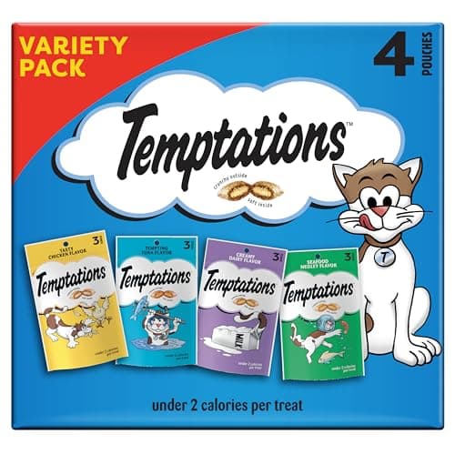 Temptations Classic Crunchy and Soft Cat Treats Feline Favorites Variety Pack, 3 oz. Pouches (Pack of 4)